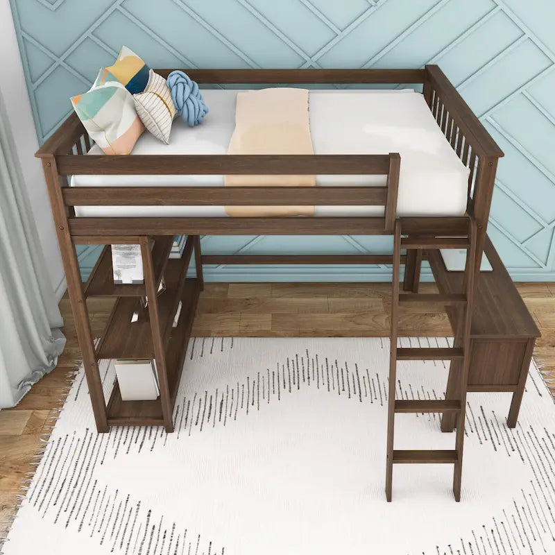 Full-Size High Loft Bed With Bookcase and Desk