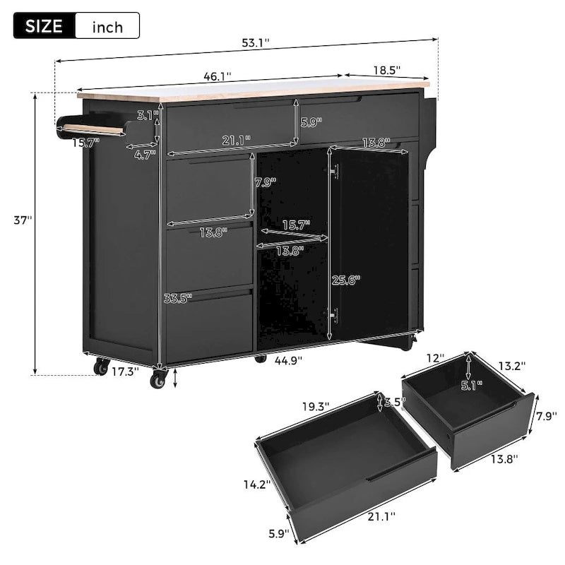 53 in. W Kitchen Island with Countertop and Drawers - N/A