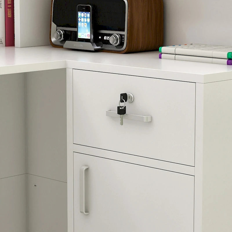 Timechee Reception Desk L-Shaped Counter Shelves Drawers Reception Table