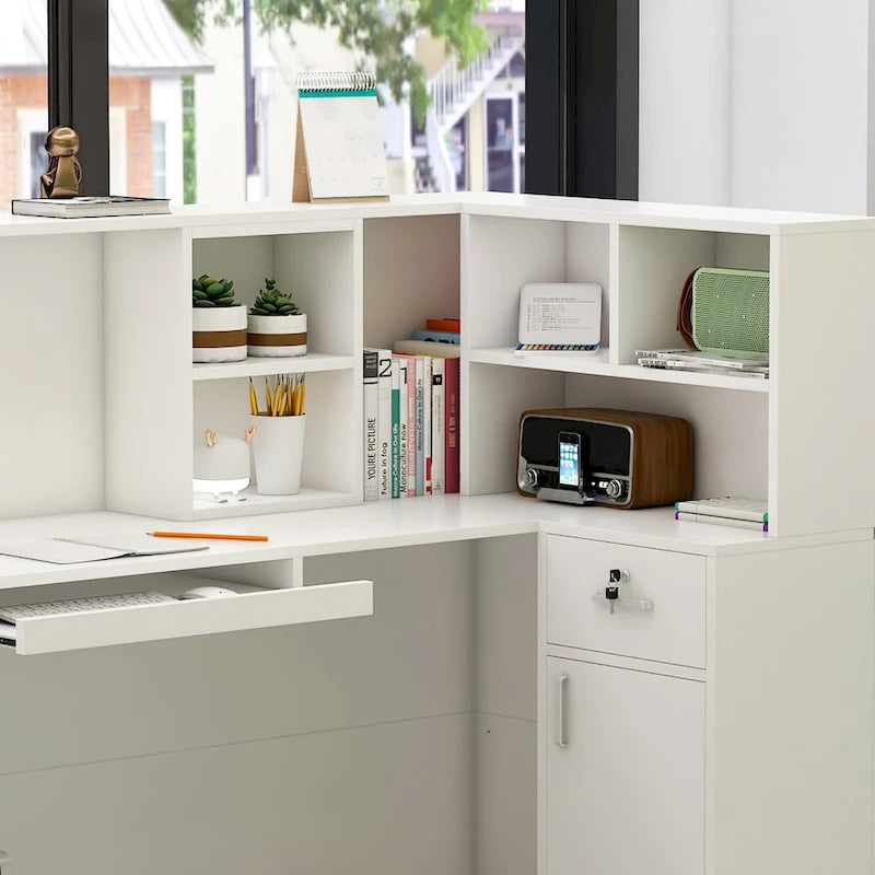 Timechee Reception Desk L-Shaped Counter Shelves Drawers Reception Table