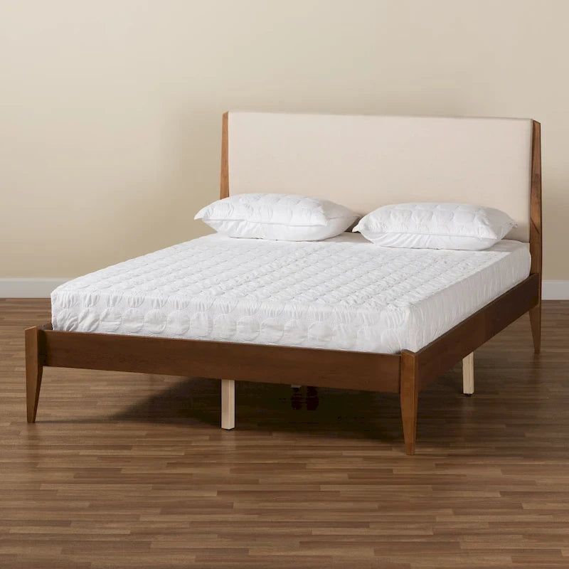 Lenora Mid-Century Modern Fabric Upholstered Wood Platform Bed - Beige