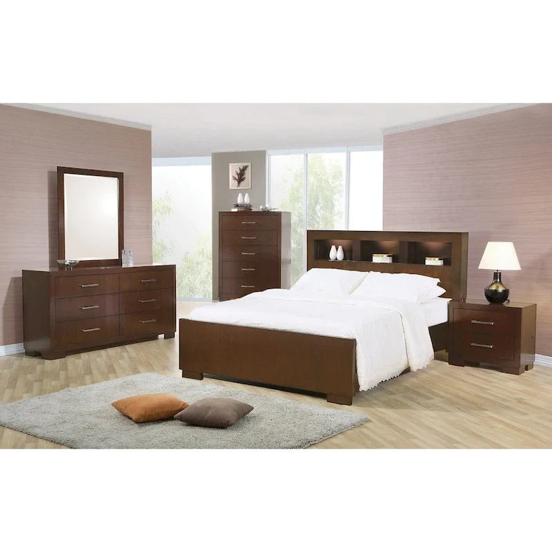 Wood Bed with Bookcase Headboard in Cappuccino