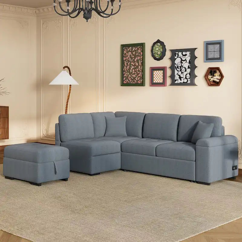 Sleeper Sectional Sofa, L-Shape Corner Couch Sofa-Bed with Storage Ottoman & Hidden Arm Storage & USB Charge for Living Room Ap