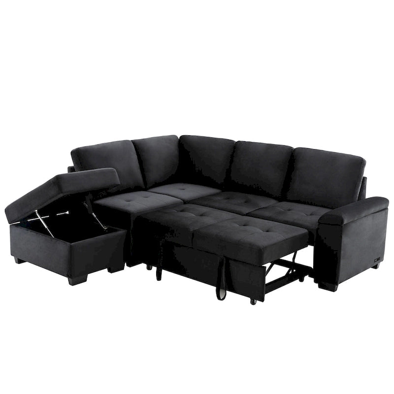 Sleeper Sectional Sofa, L-Shape Corner Couch Sofa-Bed with Storage Ottoman & Hidden Arm Storage & USB Charge for Living Room Ap