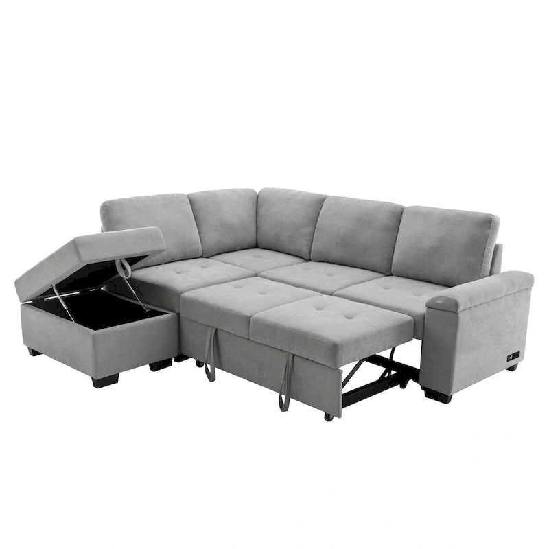 Sleeper Sectional Sofa, L-Shape Corner Couch Sofa-Bed with Storage Ottoman & Hidden Arm Storage & USB Charge for Living Room Ap