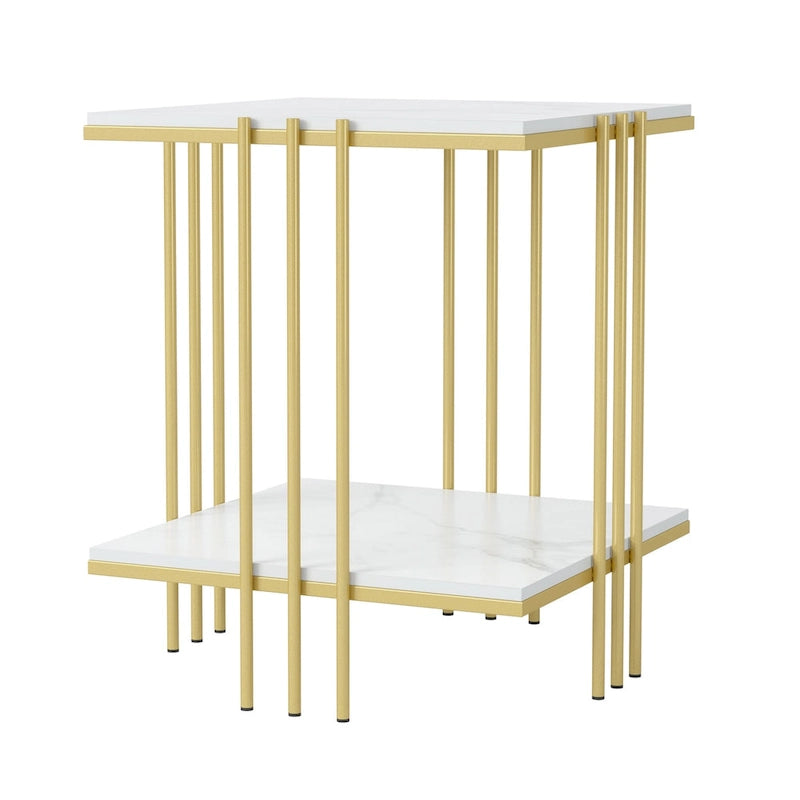 2 Tier Square Side Table Marble Gold Metal Leg Accent End Coffee Desk