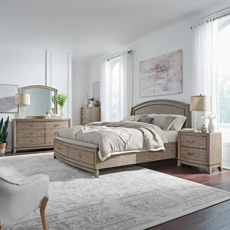 Avalon Burnished Beige Oak King Panel Storage Bed Bedroom Set
