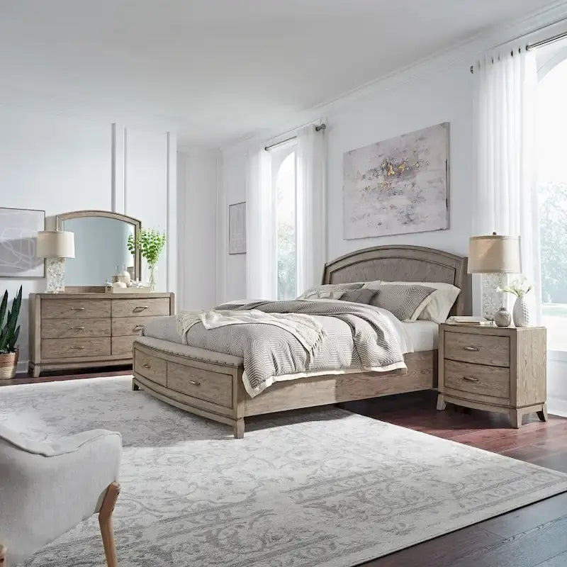 Avalon Burnished Beige Oak King Panel Storage Bed Bedroom Set