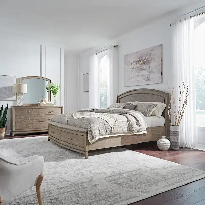 Avalon Burnished Beige Oak King Panel Storage Bed Bedroom Set