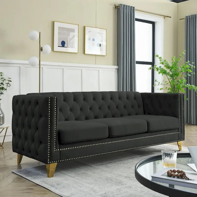2-Pieces Velvet Upholstered 3 Seat Sofa, Classic Chesterfield Couch Buttons Tufted Square Arm Sofa with Nailheads and Metal Legs