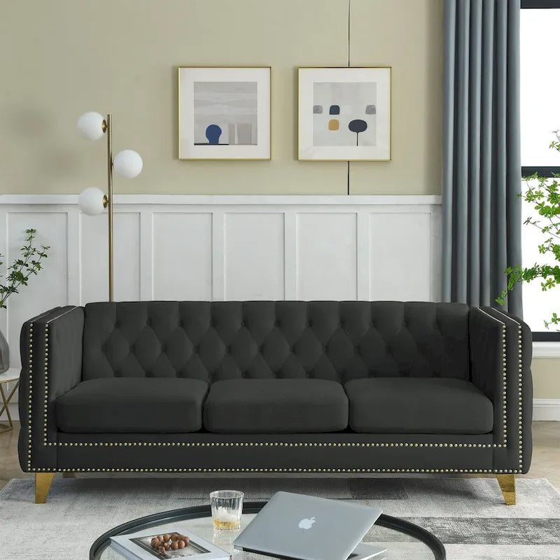 2-Pieces Velvet Upholstered 3 Seat Sofa, Classic Chesterfield Couch Buttons Tufted Square Arm Sofa with Nailheads and Metal Legs