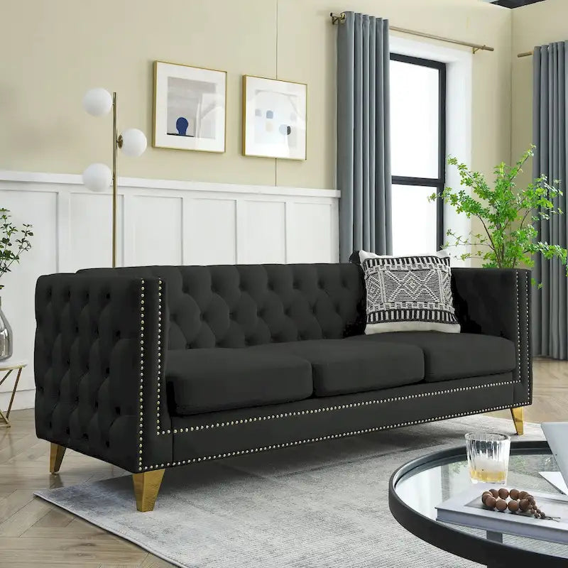 2-Pieces Velvet Upholstered 3 Seat Sofa, Classic Chesterfield Couch Buttons Tufted Square Arm Sofa with Nailheads and Metal Legs