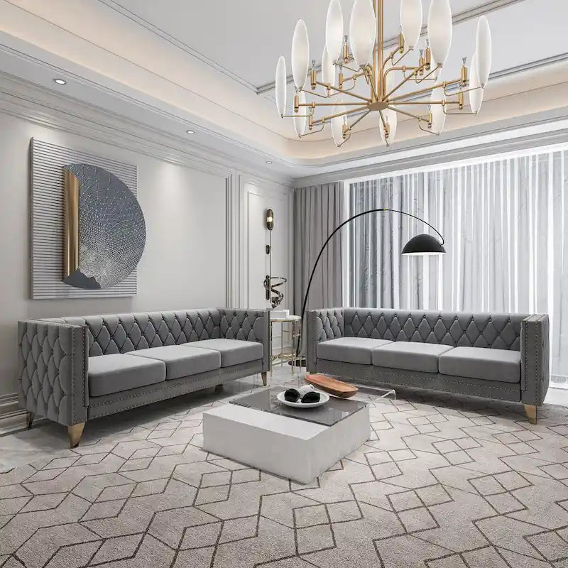 2-Pieces Velvet Upholstered 3 Seat Sofa, Classic Chesterfield Couch Buttons Tufted Square Arm Sofa with Nailheads and Metal Legs