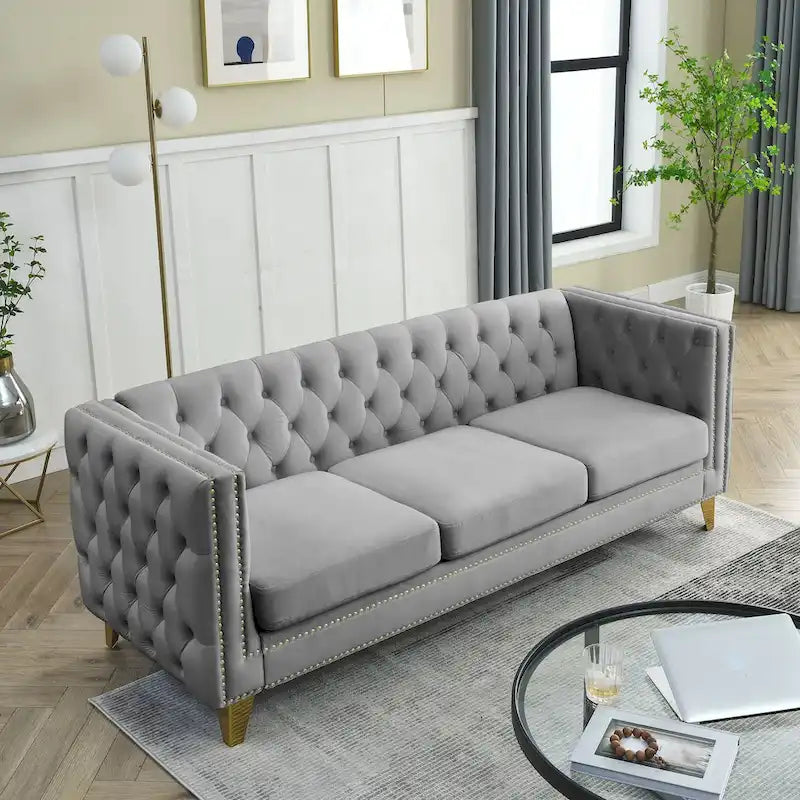 2-Pieces Velvet Upholstered 3 Seat Sofa, Classic Chesterfield Couch Buttons Tufted Square Arm Sofa with Nailheads and Metal Legs