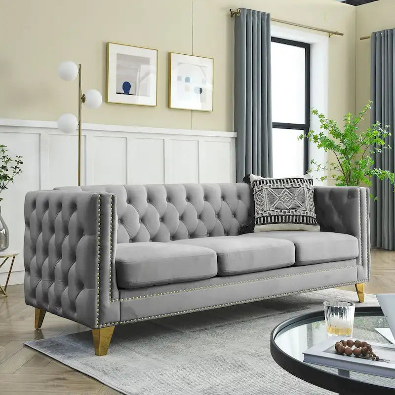 2-Pieces Velvet Upholstered 3 Seat Sofa, Classic Chesterfield Couch Buttons Tufted Square Arm Sofa with Nailheads and Metal Legs