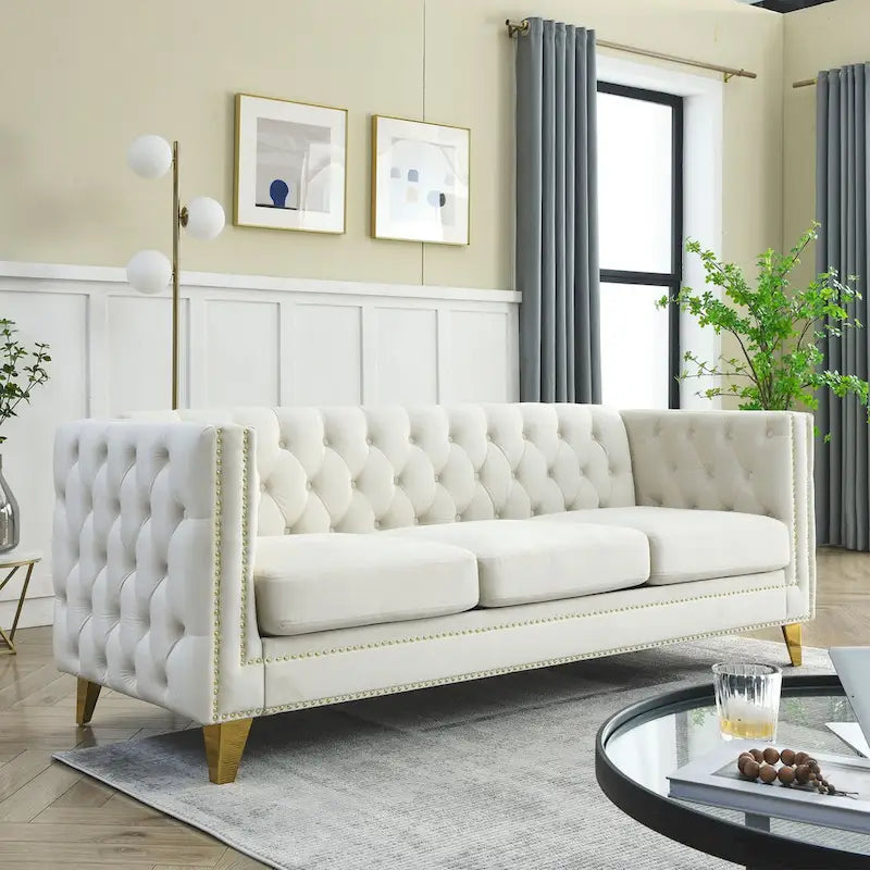 2-Pieces Velvet Upholstered 3 Seat Sofa, Classic Chesterfield Couch Buttons Tufted Square Arm Sofa with Nailheads and Metal Legs