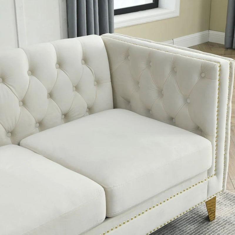 2-Pieces Velvet Upholstered 3 Seat Sofa, Classic Chesterfield Couch Buttons Tufted Square Arm Sofa with Nailheads and Metal Legs