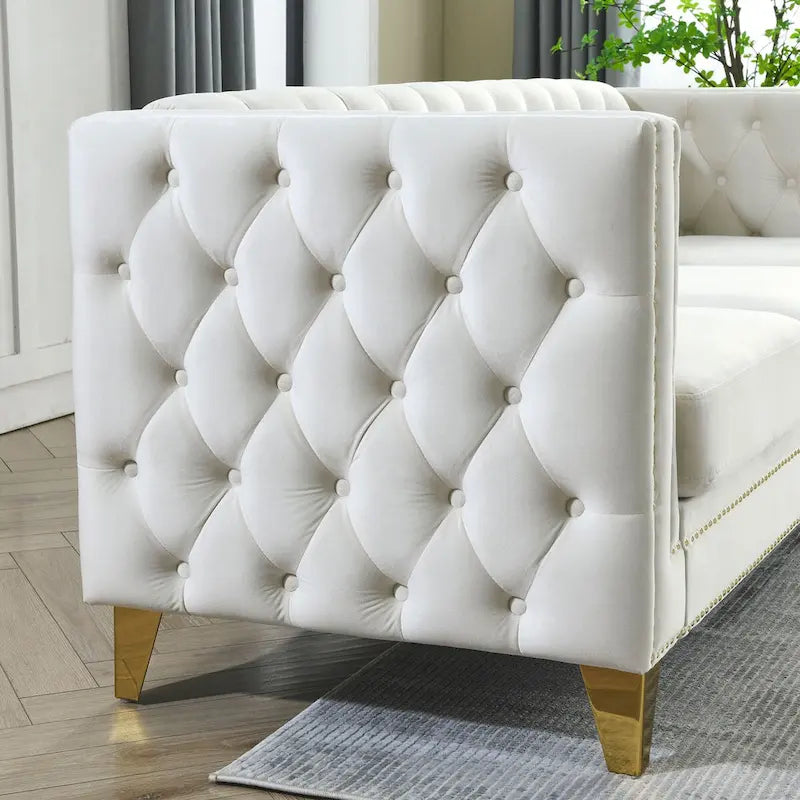 2-Pieces Velvet Upholstered 3 Seat Sofa, Classic Chesterfield Couch Buttons Tufted Square Arm Sofa with Nailheads and Metal Legs