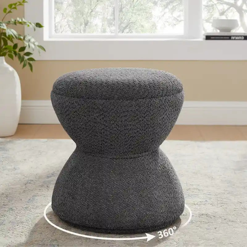 VANOMi Djembe Boucle Upholstered Ottoman with Swivel Base, Pouf, Swivel Vanity Stool for Living Room, Walk-in Closet