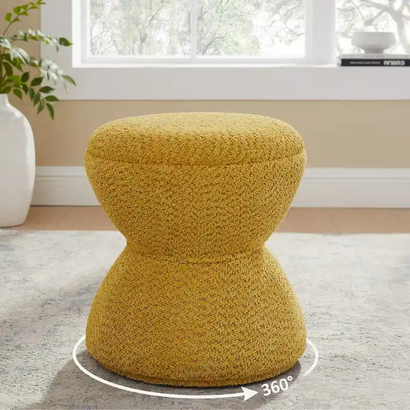 VANOMi Djembe Boucle Upholstered Ottoman with Swivel Base, Pouf, Swivel Vanity Stool for Living Room, Walk-in Closet