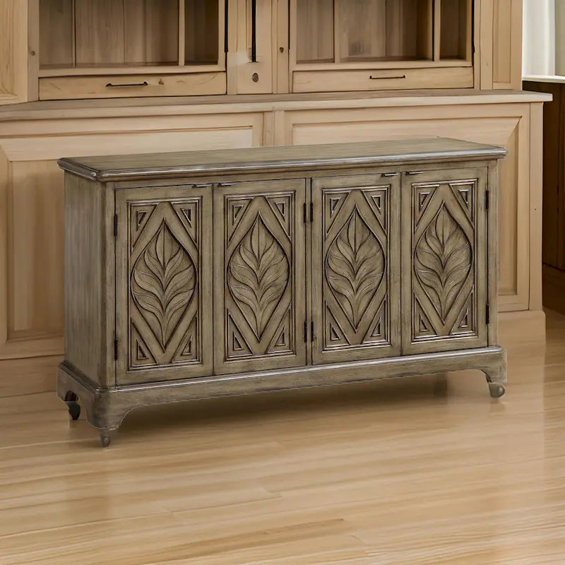 Console Table with Carved Leaf Motif Doors, Brown