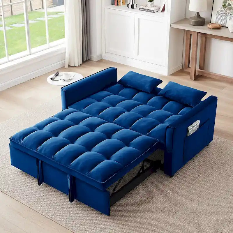 55.1-inch 3-in-1 convertible,modern velvet double sofa Futon sofa bed with adjustable back, storage bag and pillow