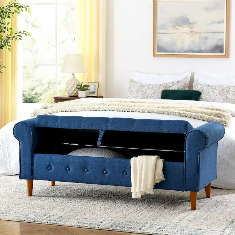 62  Bedroom Tufted Button Storage Bench, Window Bench, Rolled Arm Design for Bedroom, Living Room