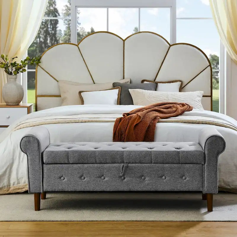 62  Bedroom Tufted Button Storage Bench, Window Bench, Rolled Arm Design for Bedroom, Living Room