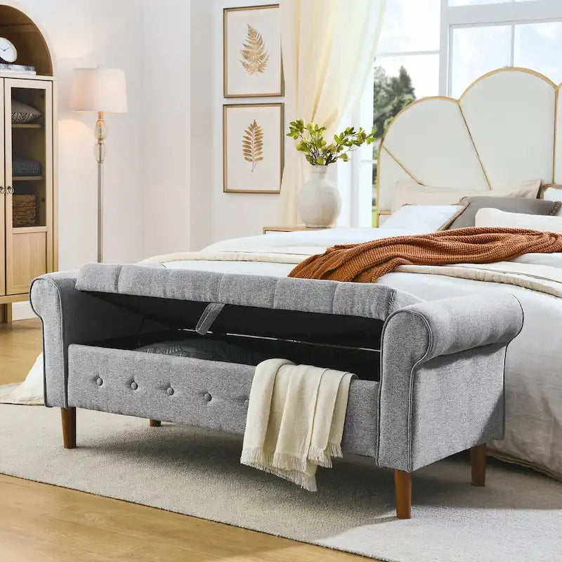 62  Bedroom Tufted Button Storage Bench, Window Bench, Rolled Arm Design for Bedroom, Living Room