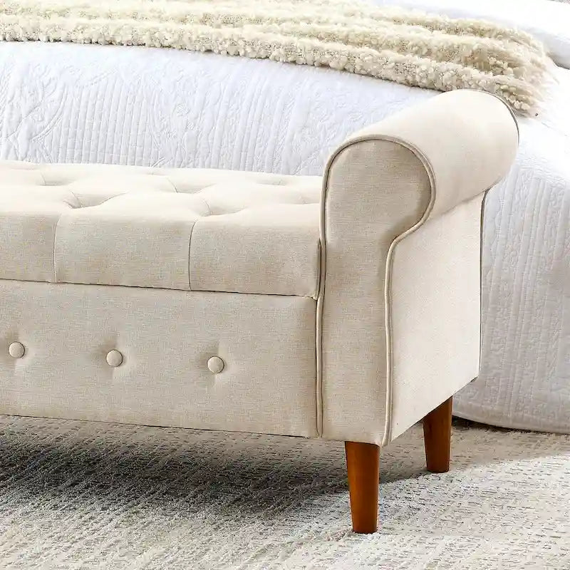 62  Bedroom Tufted Button Storage Bench, Window Bench, Rolled Arm Design for Bedroom, Living Room