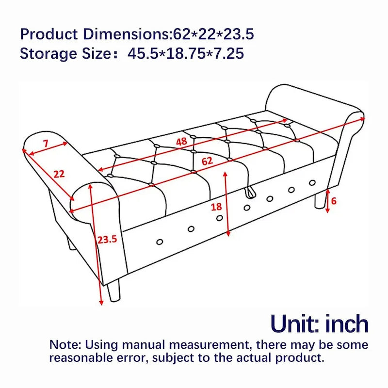 62  Bedroom Tufted Button Storage Bench, Window Bench, Rolled Arm Design for Bedroom, Living Room