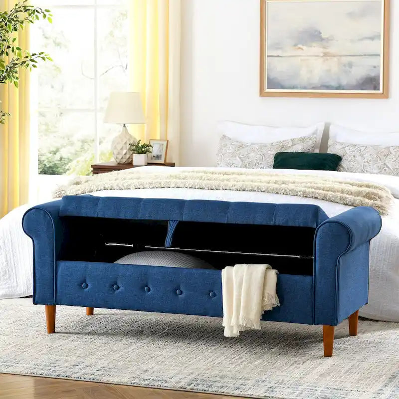 62  Bedroom Tufted Button Storage Bench, Window Bench, Rolled Arm Design for Bedroom, Living Room