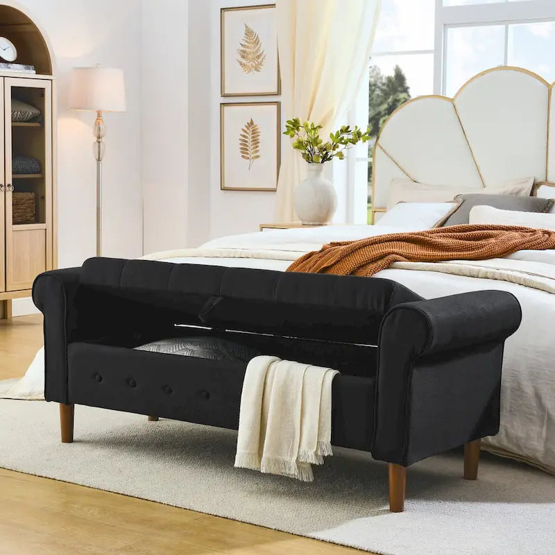 62  Bedroom Tufted Button Storage Bench, Window Bench, Rolled Arm Design for Bedroom, Living Room