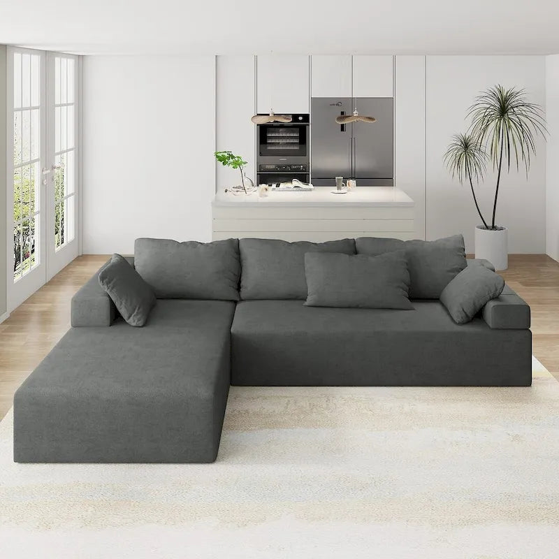 L-Shaped Chenille Sectional Sofa Modern Modular Cushion Back Couch Sofa With 6 Pillows for Living Room