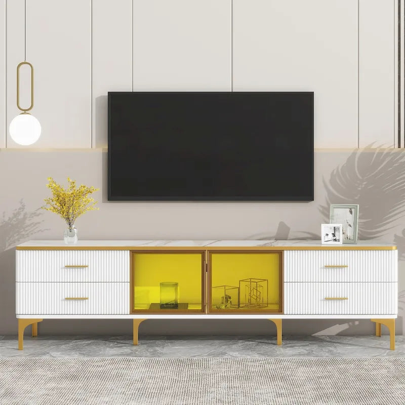 Media Console Table with Glass Storage Cabinet,Golden Legs & Handles