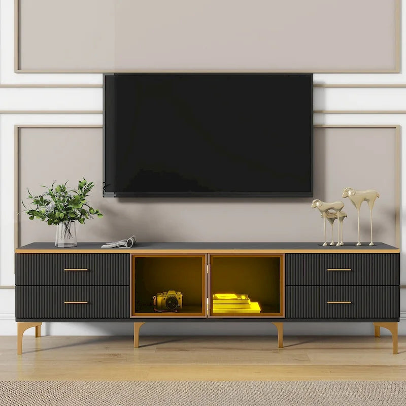 Media Console Table with Glass Storage Cabinet,Golden Legs & Handles