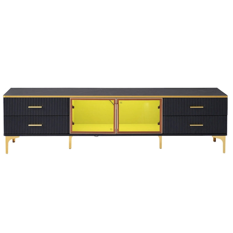 Media Console Table with Glass Storage Cabinet,Golden Legs & Handles