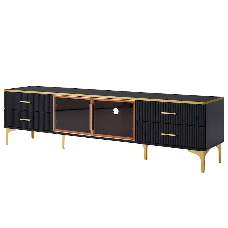 Media Console Table with Glass Storage Cabinet,Golden Legs & Handles