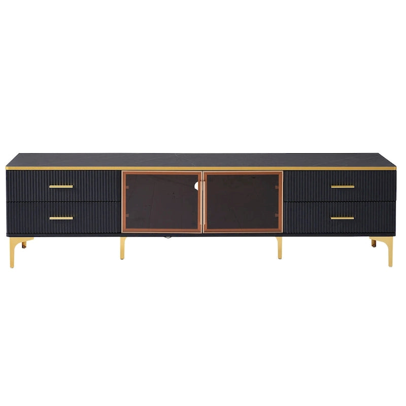 Media Console Table with Glass Storage Cabinet,Golden Legs & Handles