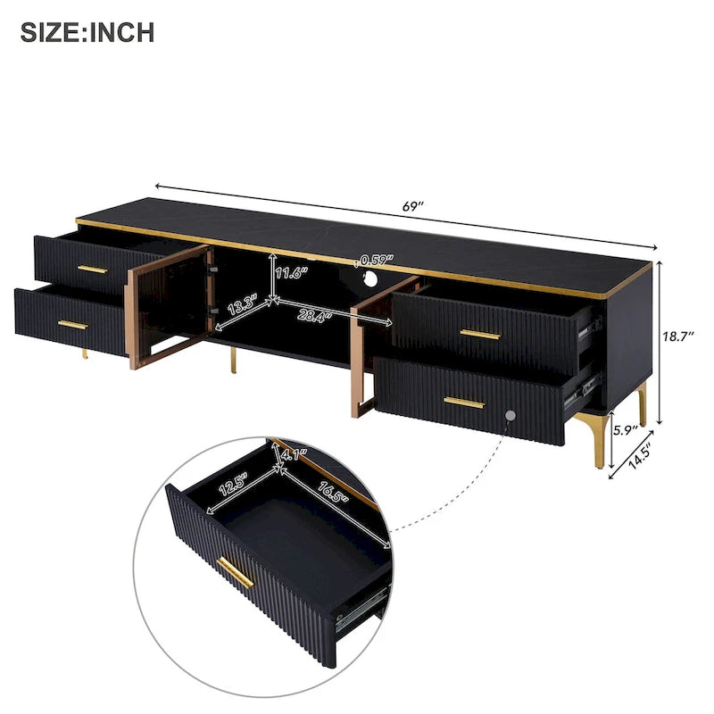 Media Console Table with Glass Storage Cabinet,Golden Legs & Handles