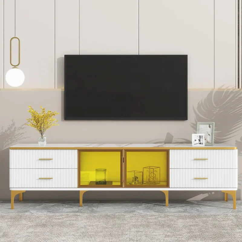 Media Console Table with Glass Storage Cabinet,Golden Legs & Handles