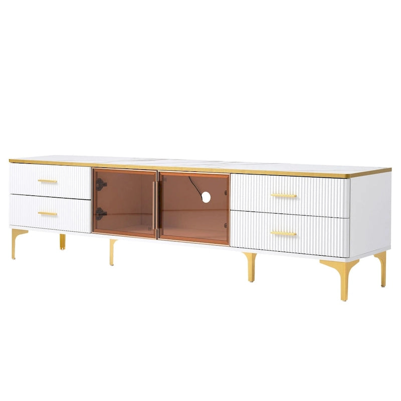 Media Console Table with Glass Storage Cabinet,Golden Legs & Handles