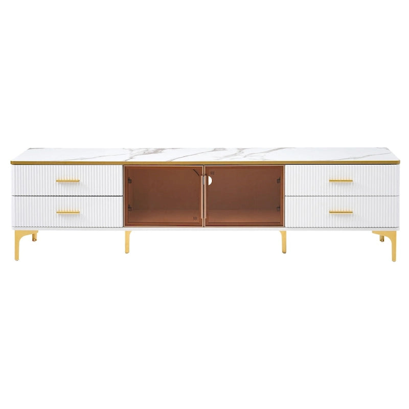 Media Console Table with Glass Storage Cabinet,Golden Legs & Handles