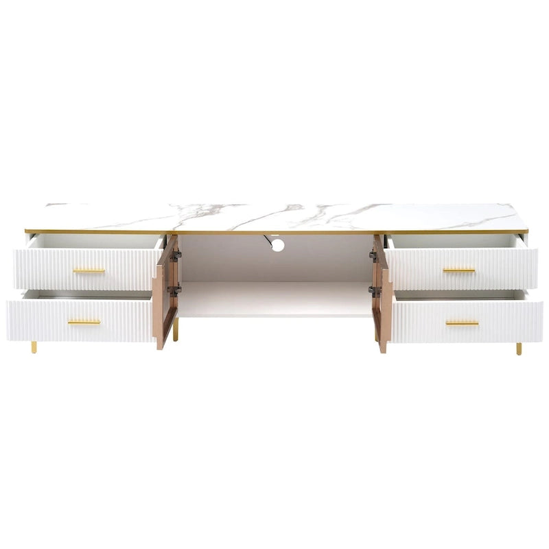 Media Console Table with Glass Storage Cabinet,Golden Legs & Handles