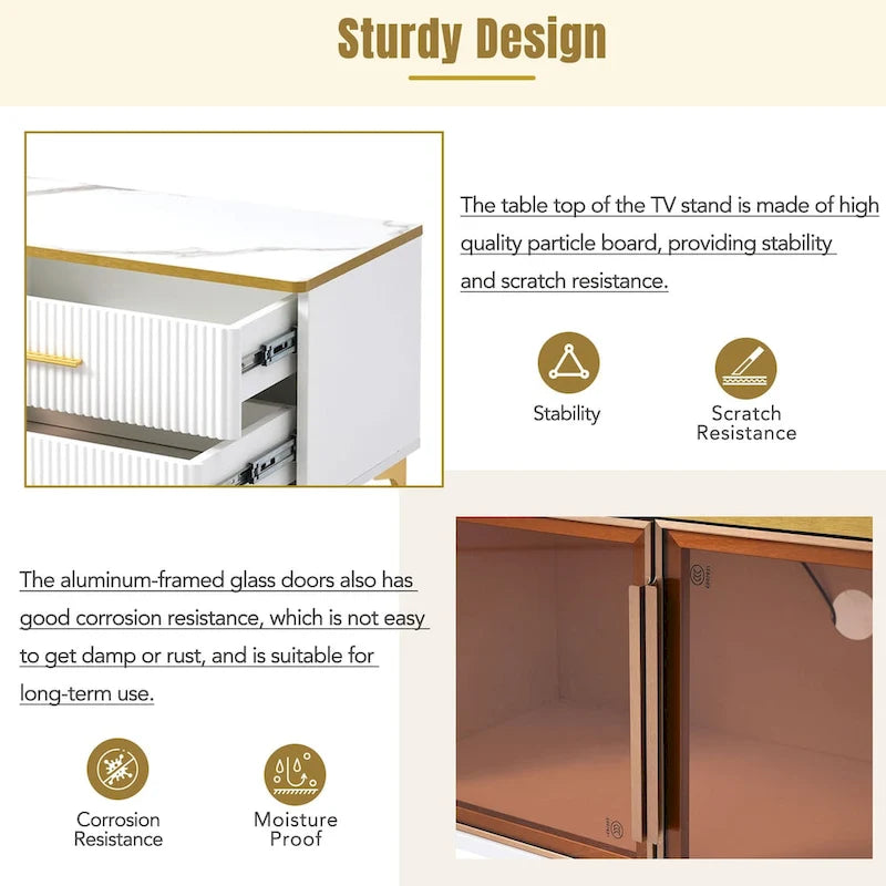 Media Console Table with Glass Storage Cabinet,Golden Legs & Handles