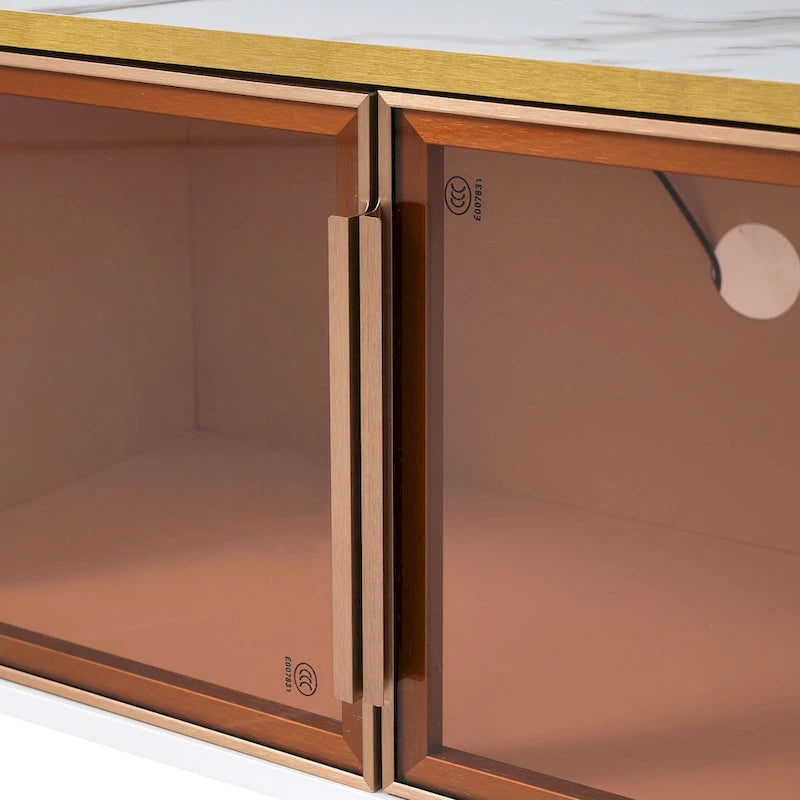 Media Console Table with Glass Storage Cabinet,Golden Legs & Handles