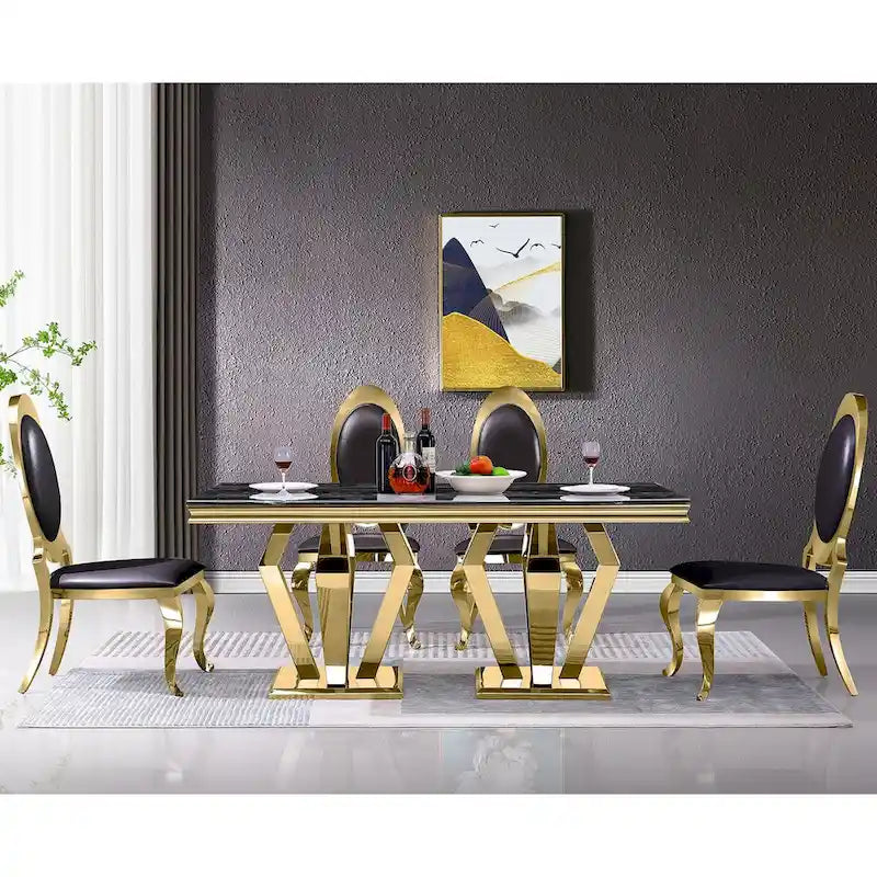 Luxury Black PU Leather Dining Chairs with Polished Gold Cabriole Legs