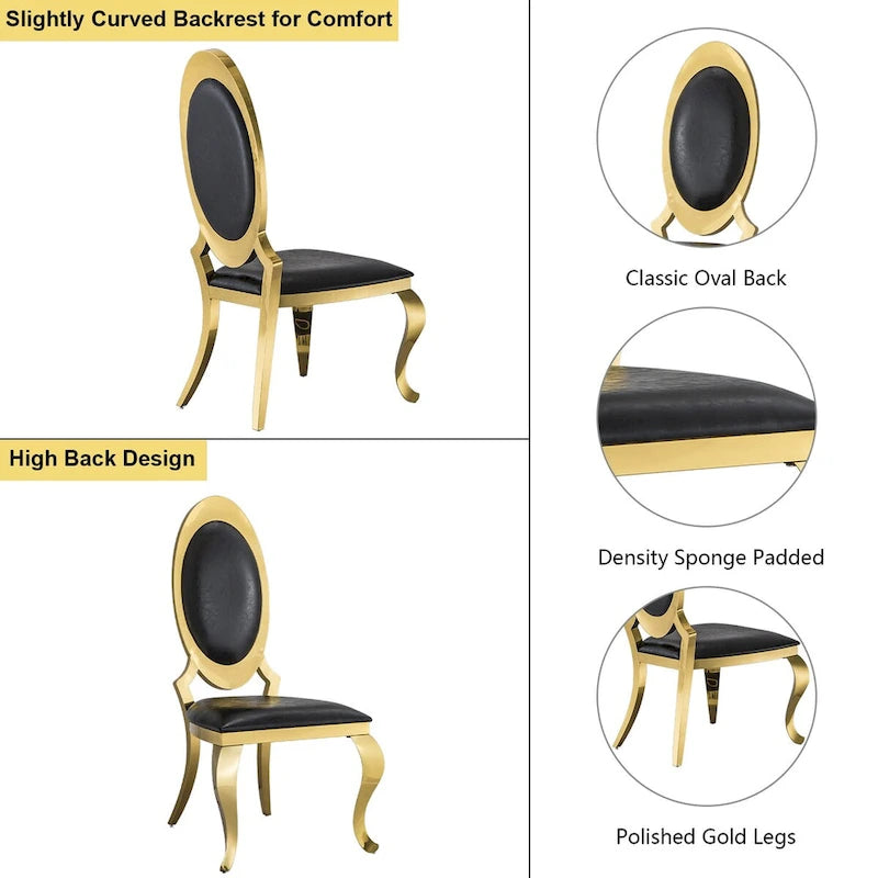 Luxury Black PU Leather Dining Chairs with Polished Gold Cabriole Legs