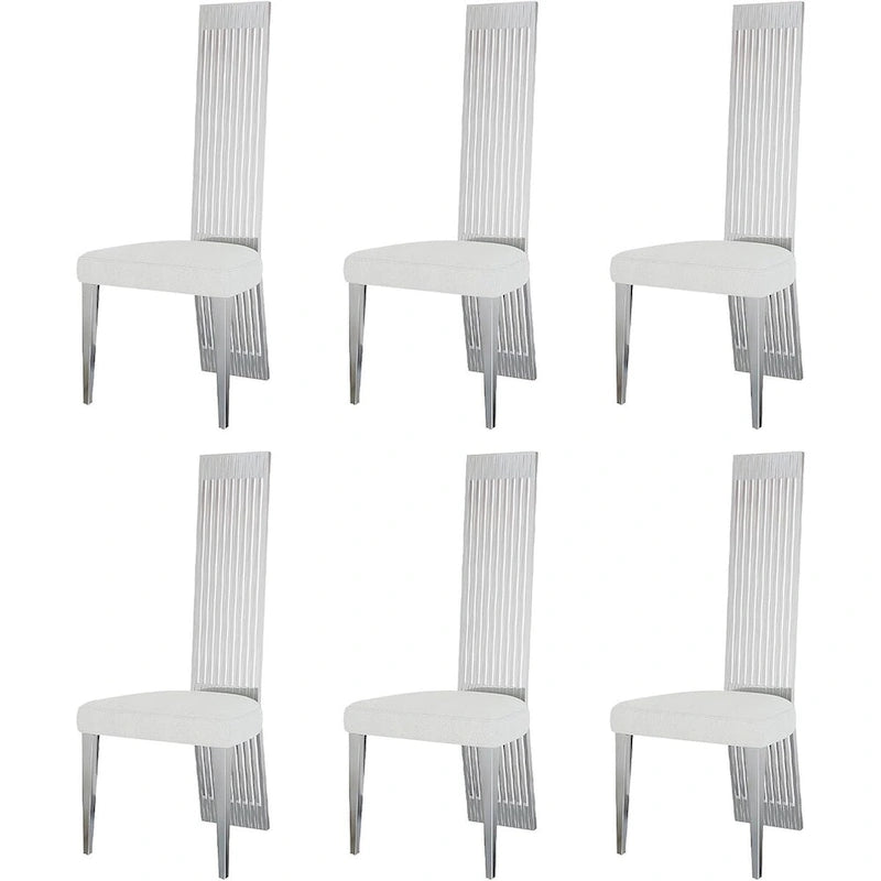 White Boucle and Silver Dining Chairs with Mirrored Silver Vertical Metal Tube Back