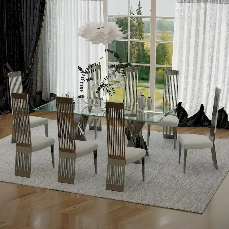 White Boucle and Silver Dining Chairs with Mirrored Silver Vertical Metal Tube Back